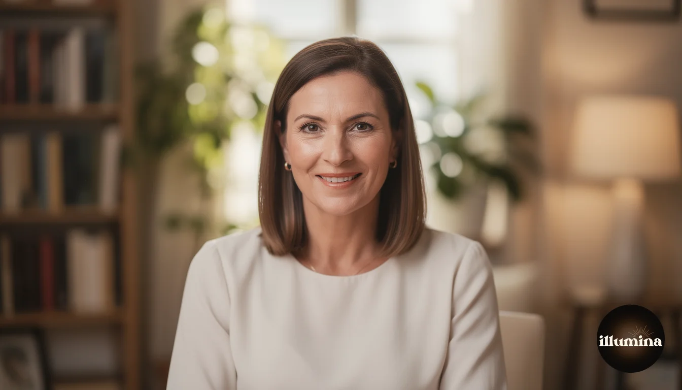 Woman on video call with tastefully blurred bookshelf and plant background showing soft bokeh