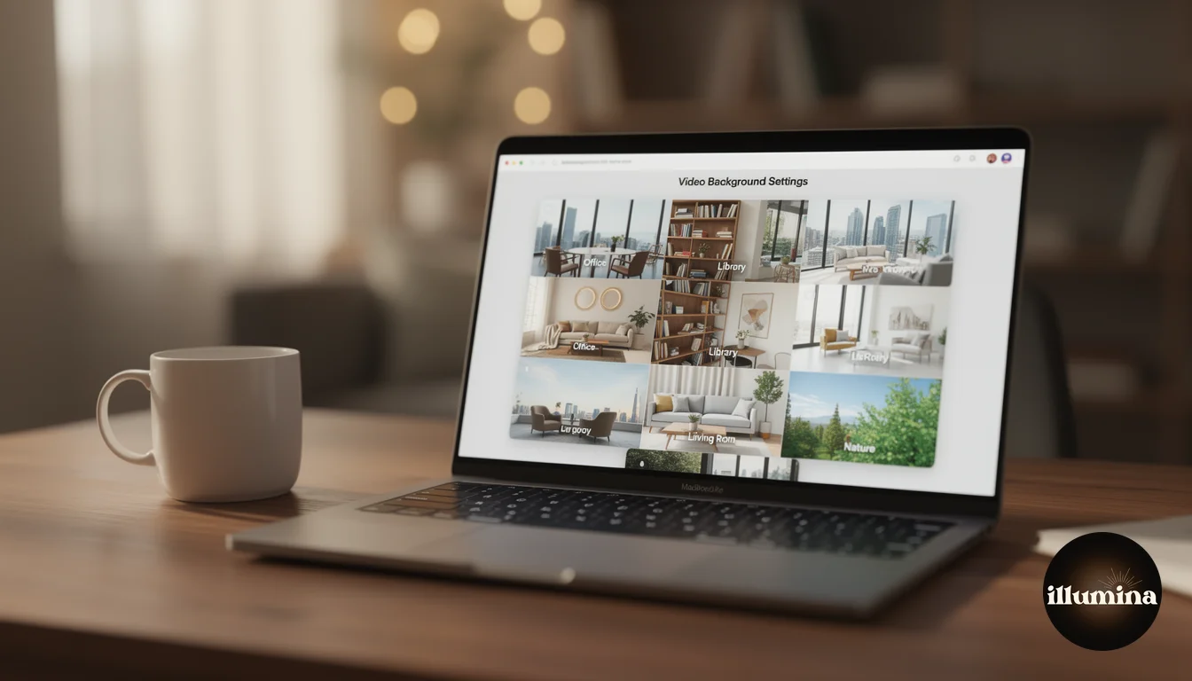 Laptop screen showing virtual background thumbnails being selected in meeting settings