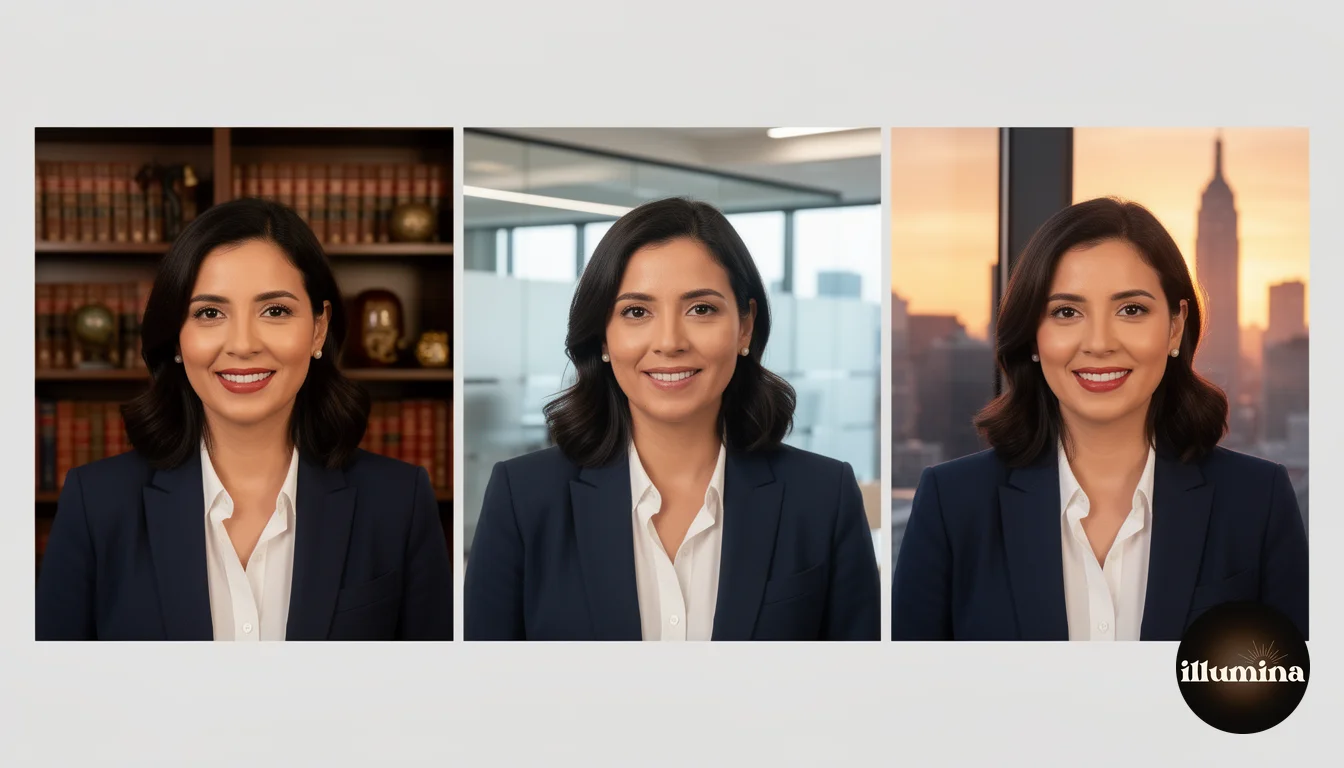 Three webcam views of the same person with different professional backgrounds showing variety