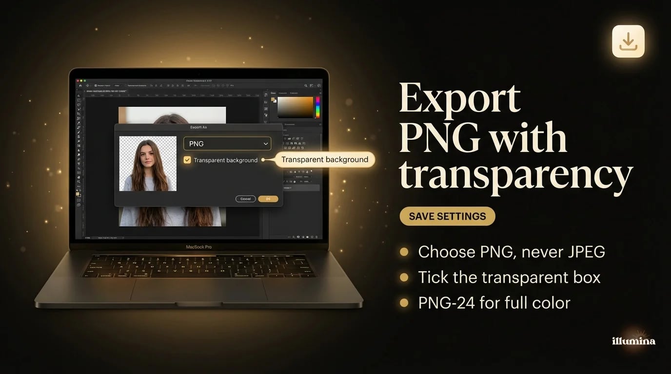 Export dialog showing how to save an image as a transparent PNG with the transparent background checkbox ticked