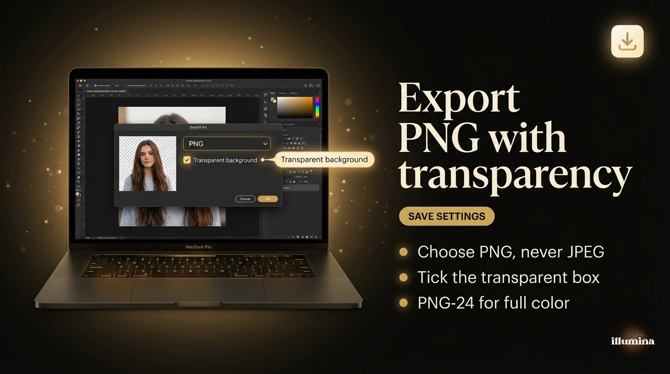 Export dialog showing how to save an image as a transparent PNG with the transparent background checkbox ticked