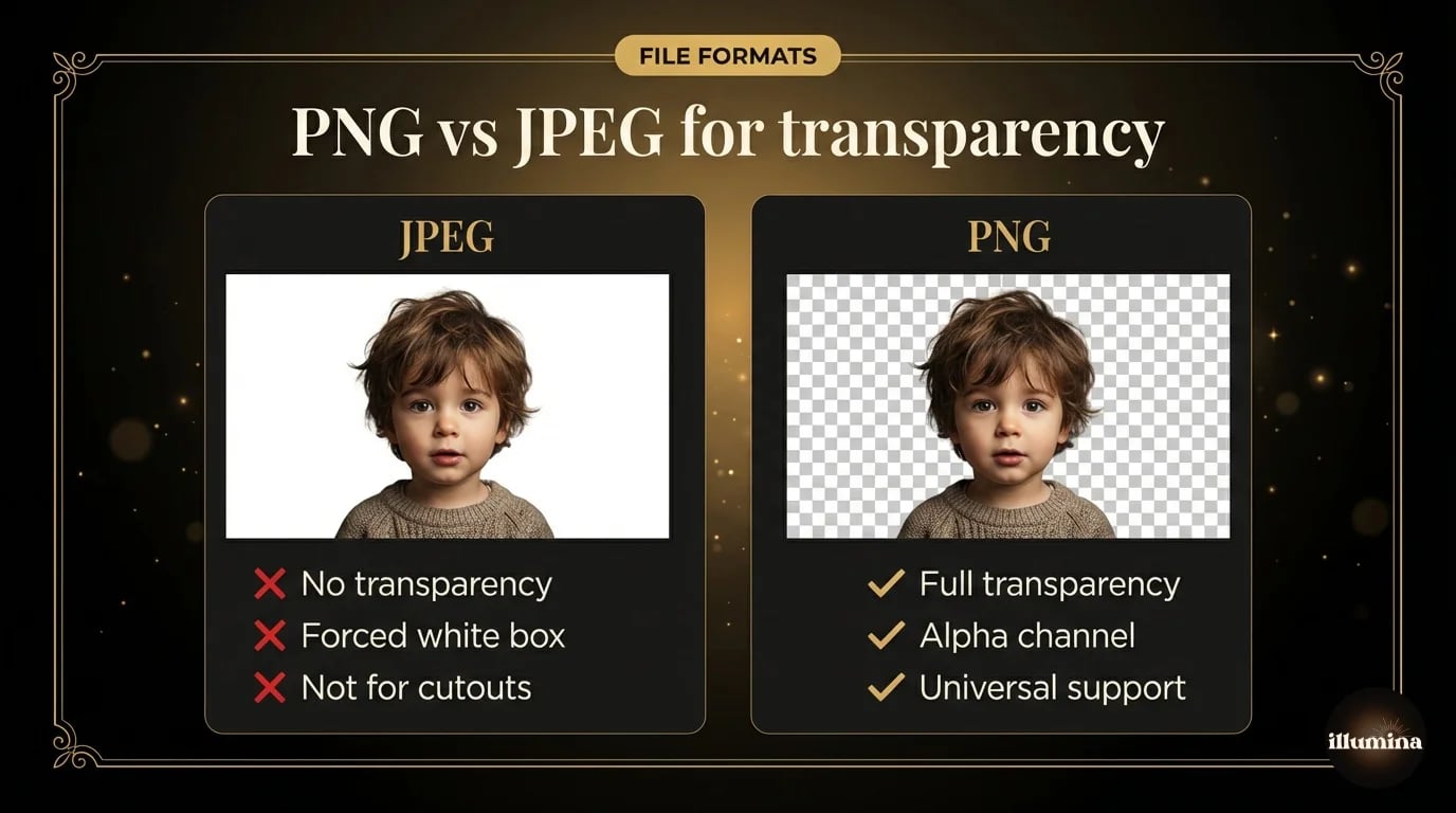 PNG vs JPEG comparison for transparent backgrounds, showing that PNG keeps the cutout transparent while JPEG forces a white background box