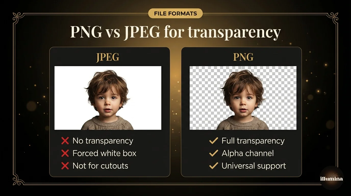 PNG vs JPEG comparison for transparent backgrounds, showing that PNG keeps the cutout transparent while JPEG forces a white background box