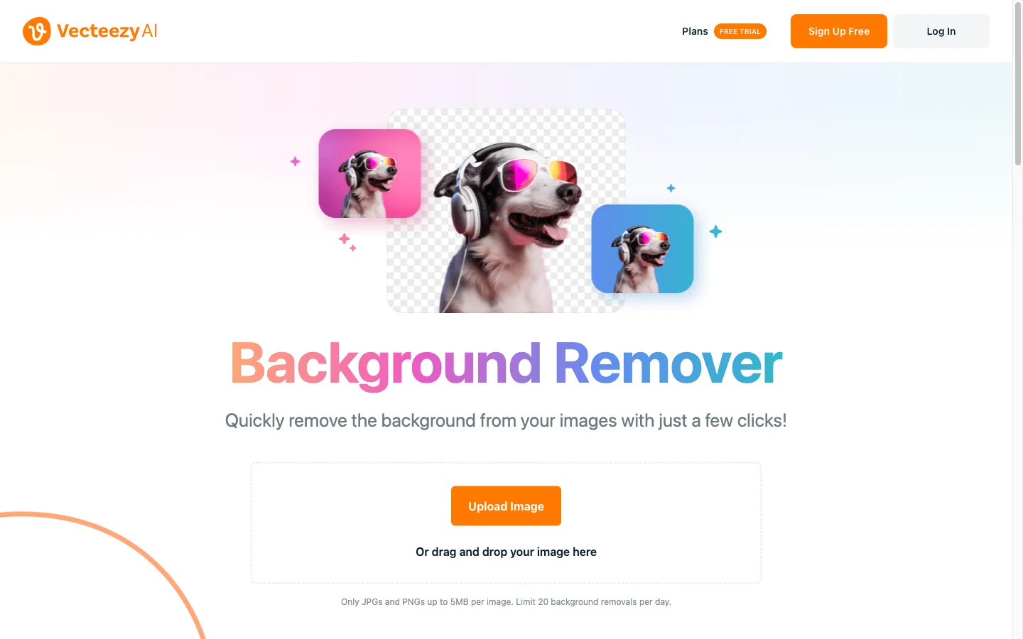 Vecteezy AI Background Remover interface with Upload Image button
