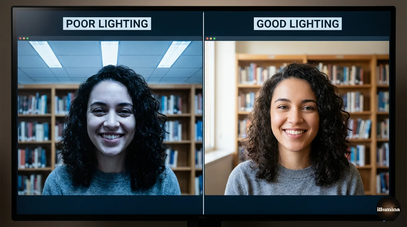 Video call lighting comparison showing the difference between poor overhead lighting and soft window lighting