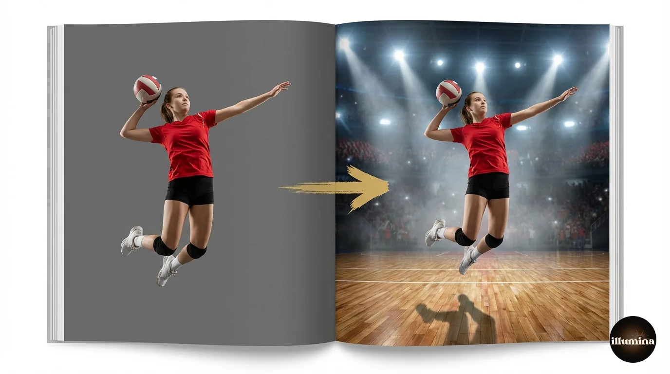 Before and after of a volleyball player composited from a gym portrait onto a dramatic arena digital backdrop with spotlights