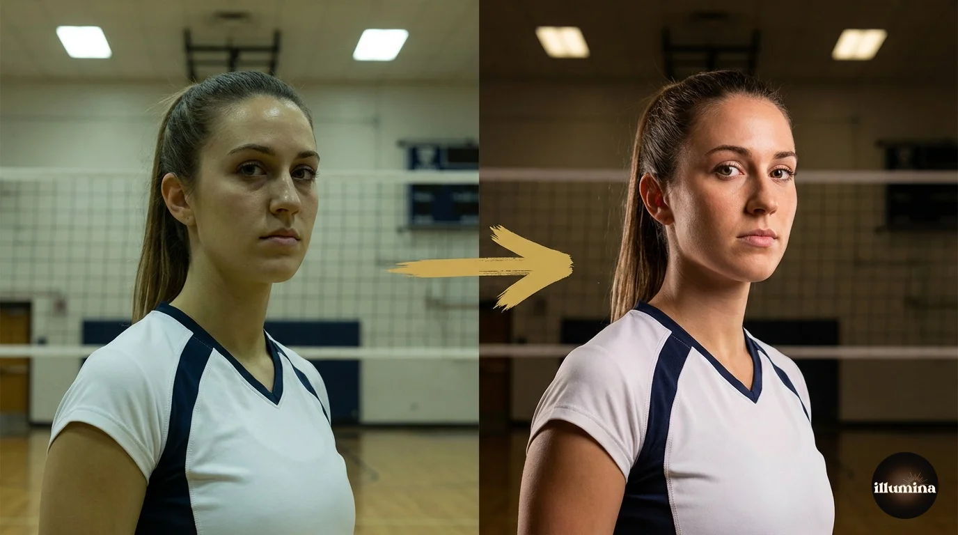 Volleyball portrait in a gymnasium showing the difference between harsh overhead gym lights and a properly lit side-lit setup