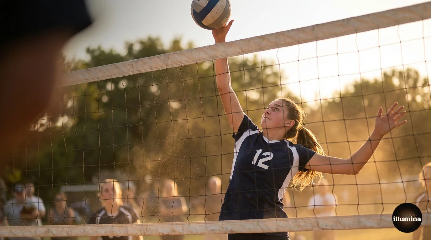 Volleyball player spiking the ball at the net during golden hour on an outdoor court