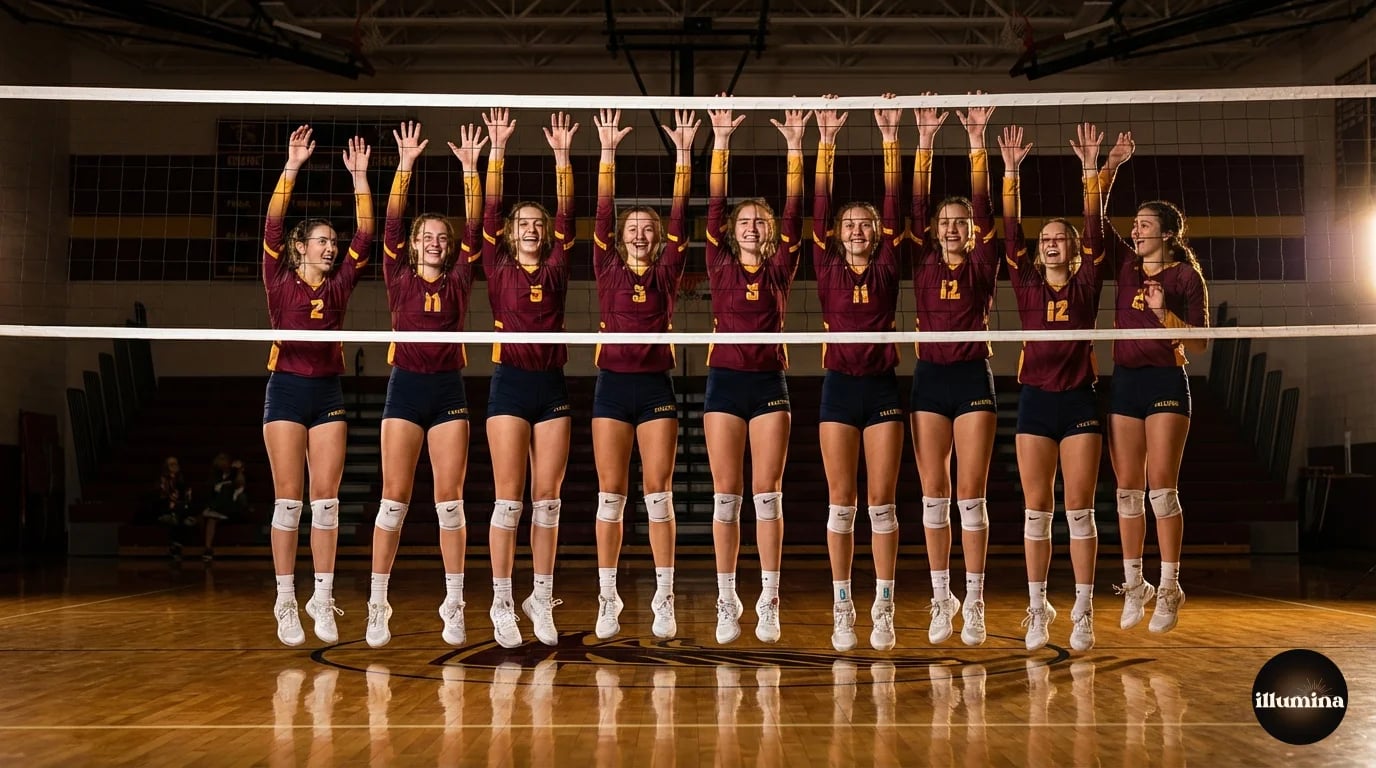 Volleyball team posed together in front of the net in a gymnasium with dramatic lighting