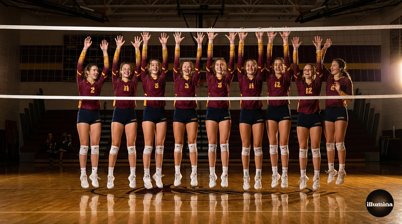Volleyball team posed together in front of the net in a gymnasium with dramatic lighting