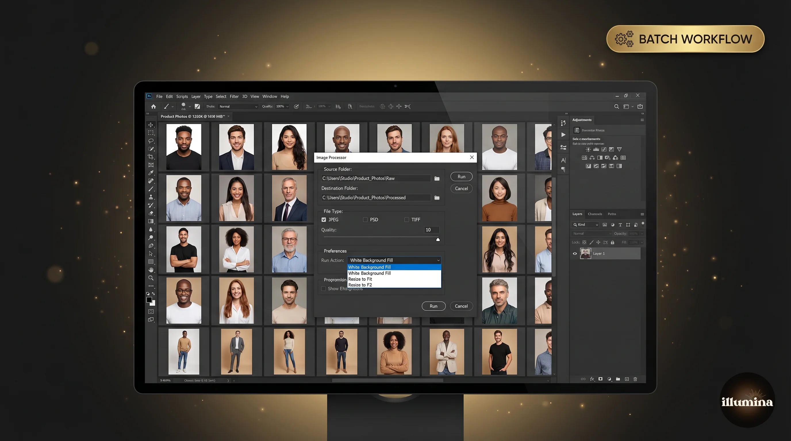 Photoshop Image Processor dialog open with a folder of 40 product photos queued for batch white-background conversion