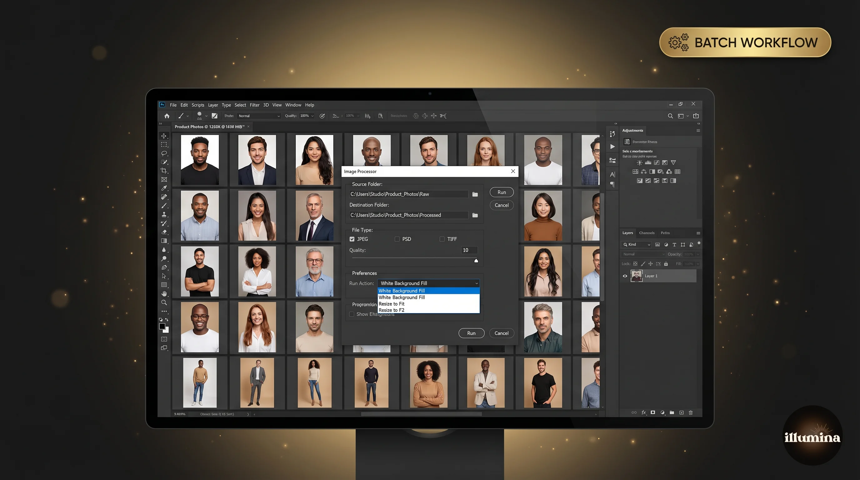 Photoshop Image Processor dialog open with a folder of 40 product photos queued for batch white-background conversion