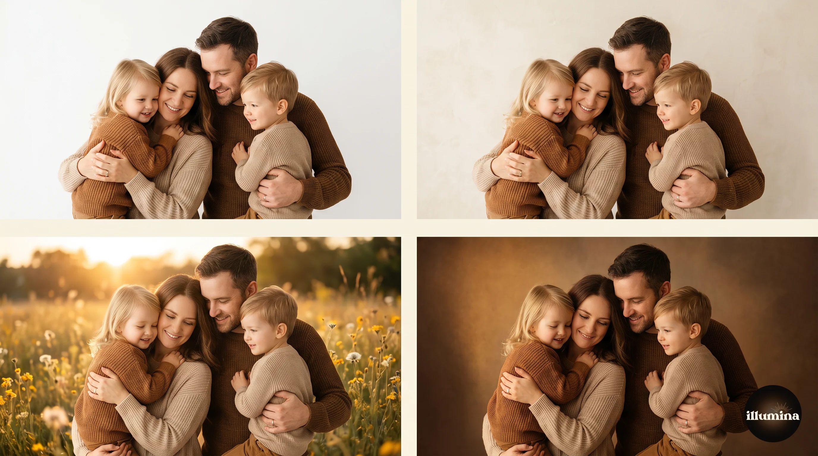 A family portrait shown four ways: on pure white, on a soft cream texture, on a wildflower meadow composite, and on a dramatic studio backdrop
