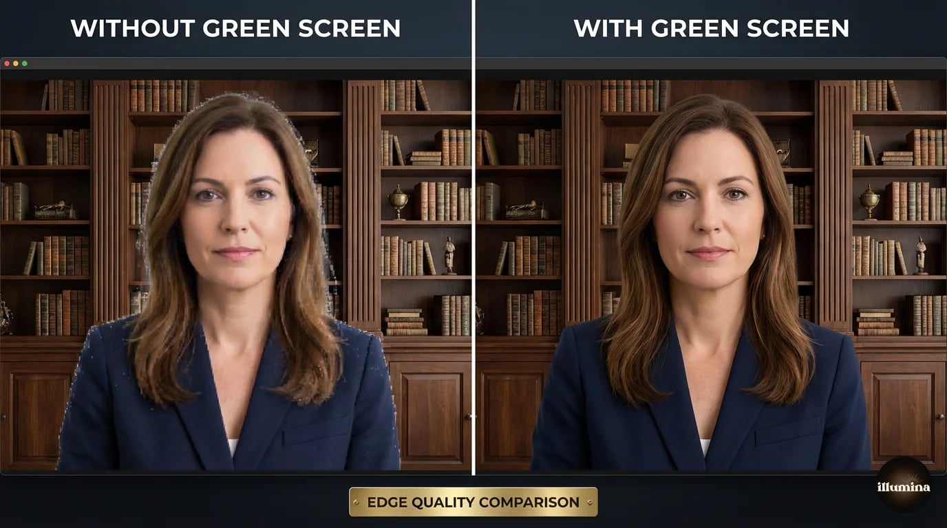 Zoom virtual background edge quality with and without a green screen comparison