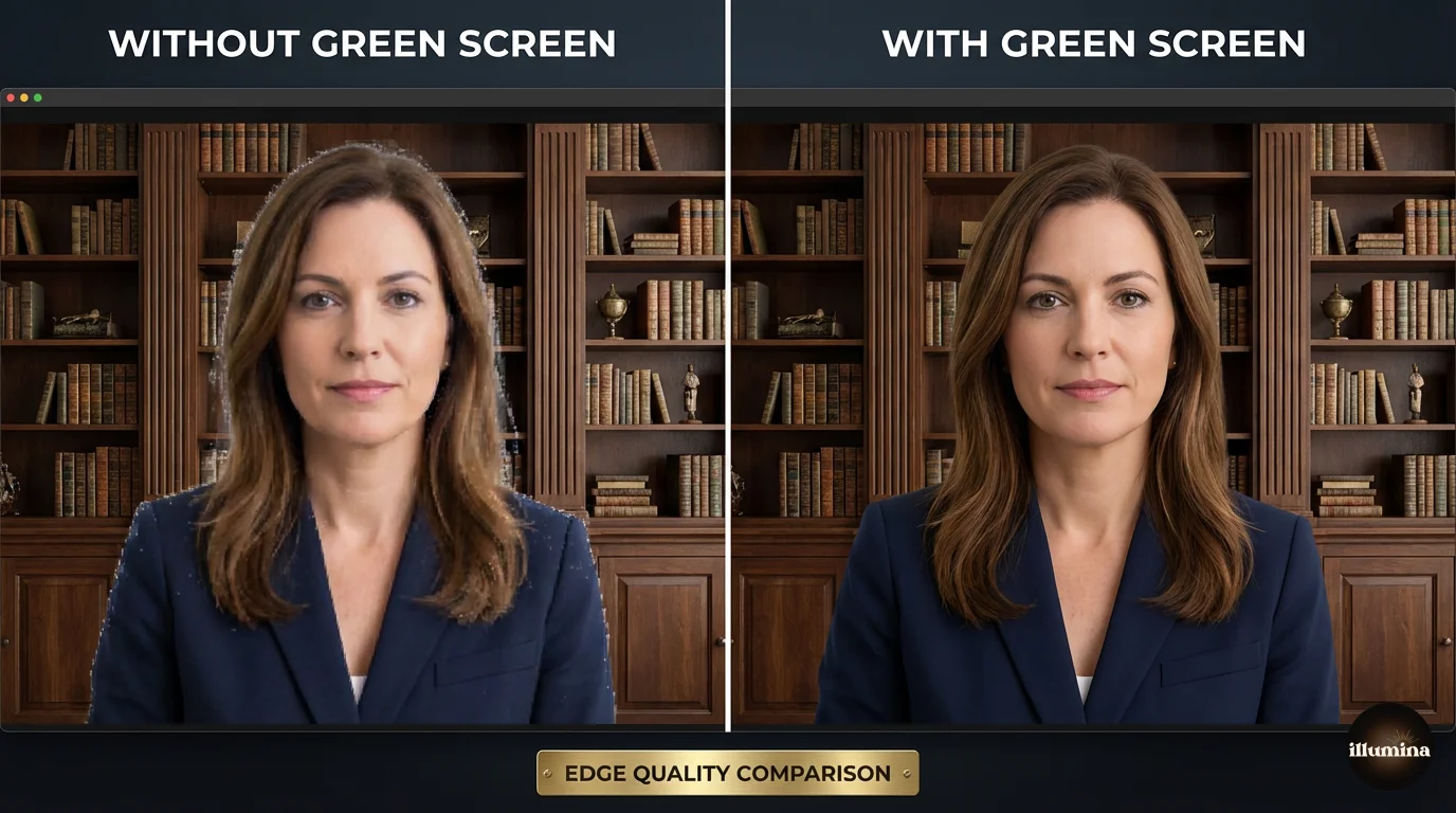 Zoom virtual background edge quality with and without a green screen comparison
