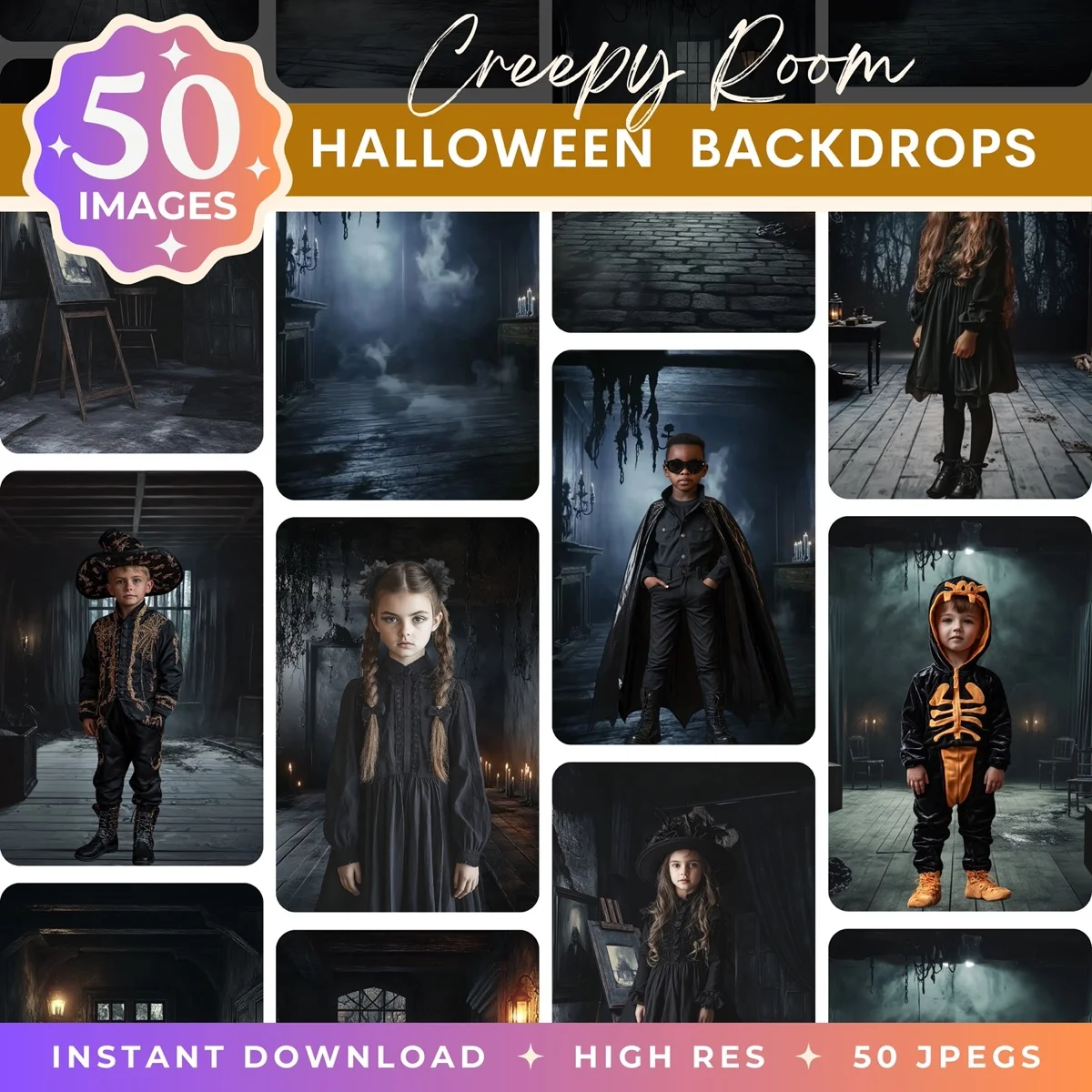 Creepy Room Halloween digital backdrop pack