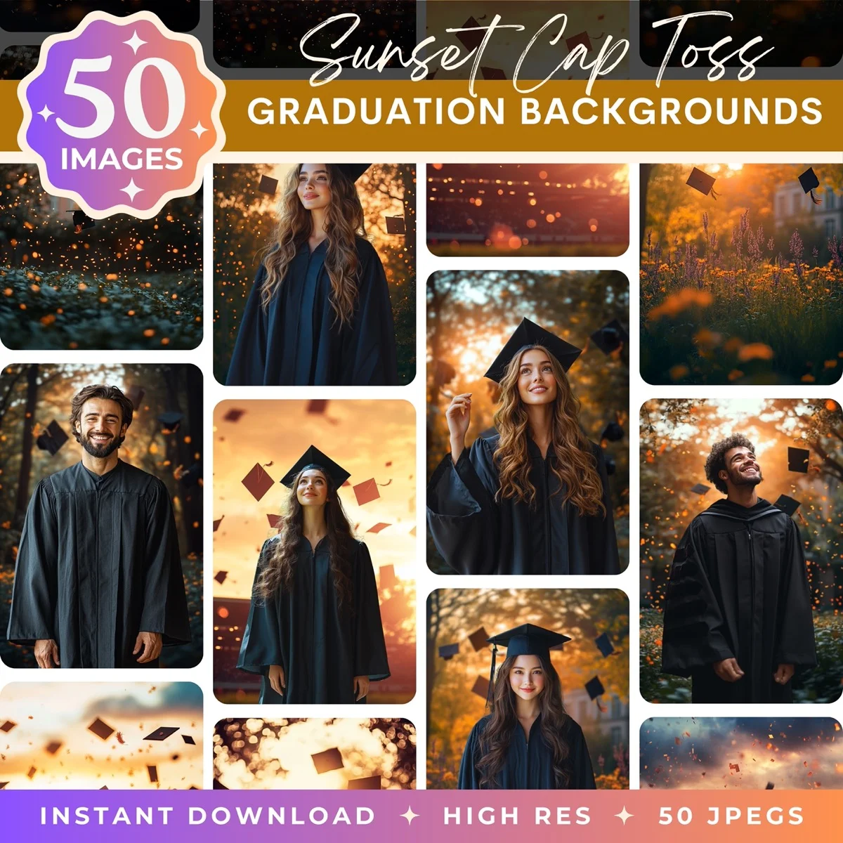 Sunset Cap Toss graduation digital backdrop pack