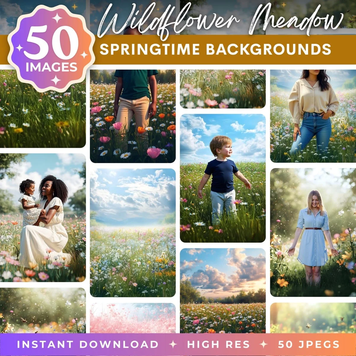 Wildflower Meadow springtime digital backdrop pack for family portraits